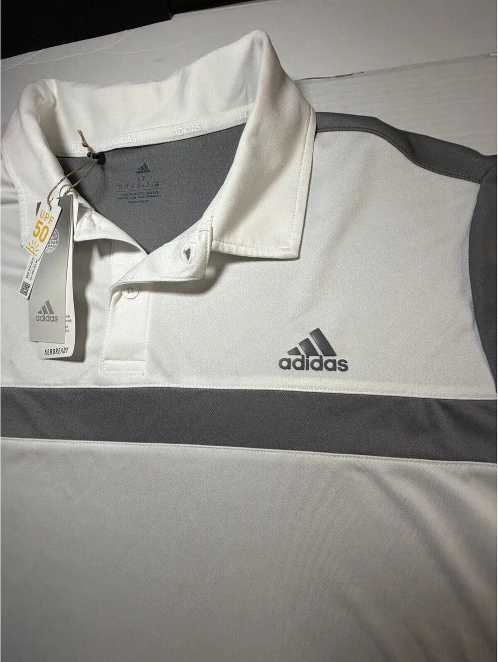 Adidas Aeroready White Gray Short Sleeve Polo Shirt NEW Large Tall LT